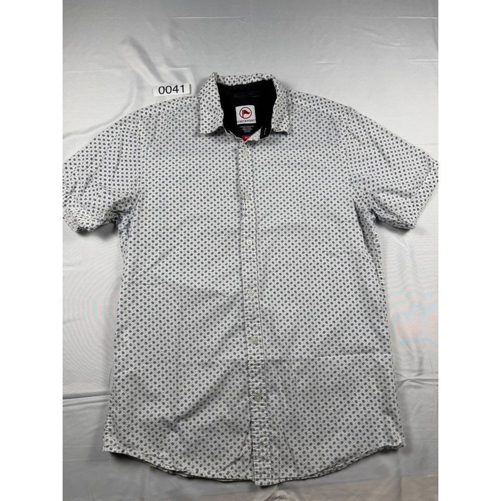 Checkpoint Mens Short Sleeve Button Down Shirt White Blue Micro Print Size M